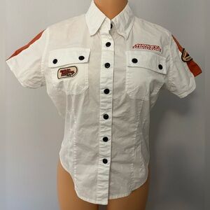 Vintage Harley Davidson Racing Button Up Short Sleeve Shirt Women’s Size M